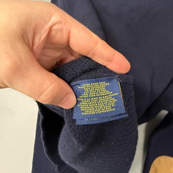 Ralph Lauren Rugby Sweater Navy Blue 100% Wool Shawl Elbow Pads‎ Men’s Large - Picture 7 of 7